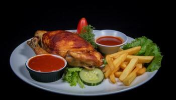 grillé poulet repas avec légumes, français frites, et sarriette sauce généré par ai photo