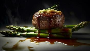 grillé steak et asperges, une gourmet repas de en bonne santé en mangeant généré par ai photo