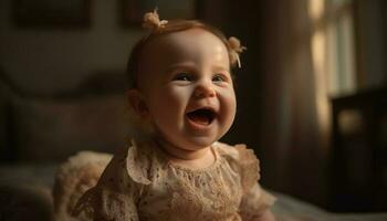 mignonne bébé fille séance sur lit, souriant et en jouant avec jouet généré par ai photo