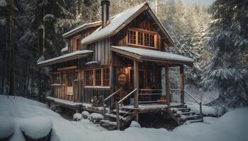 rustique Journal cabine dans neigeux forêt, parfait hiver vacances destination généré par ai photo