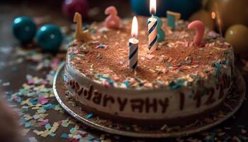 anniversaire fête avec gourmet Chocolat gâteau, bougies, et confettis amusement généré par ai photo