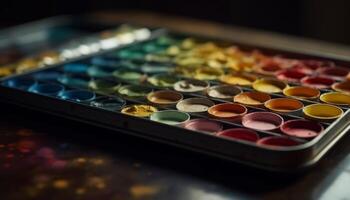 vibrant couleurs sur palette, pinceau dans main, création aquarelle La peinture généré par ai photo