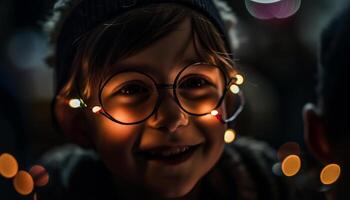 mignonne caucasien fille souriant, profiter Noël fête avec famille à l'intérieur généré par ai photo