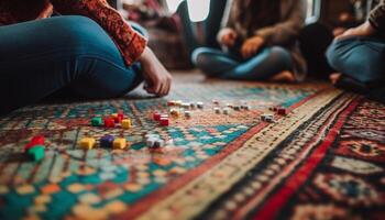 une groupe de copains en jouant Jeux sur multi coloré couverture ensemble généré par ai photo