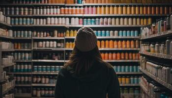 un femme en portant une bouteille, choisir de variété dans boutique généré par ai photo