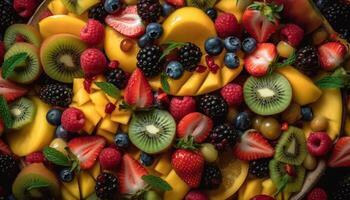 une coloré fruit salade avec Frais baies et Chocolat tranches généré par ai photo