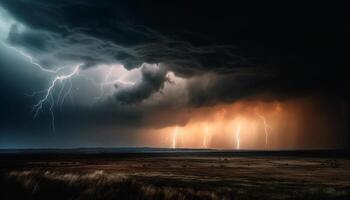 spectaculaire ciel, à bifurcation foudre, danger dans rural orage scène généré par ai photo