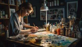 un Créatif femme souriant, en portant pinceau, La peinture dans art studio généré par ai photo