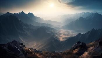 majestueux Montagne de pointe à crépuscule, une tranquille scène de beauté généré par ai photo