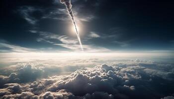 le brillant Soleil ensembles plus de le tranquille paysage, haute en haut généré par ai photo