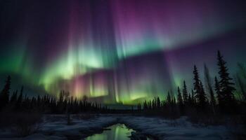 Arctique nuit illuminé par aurore, étoiles et embrasé galaxie réflexion généré par ai photo