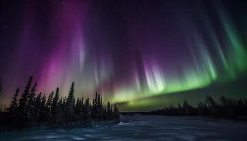 majestueux Montagne intervalle illuminé par vibrant étoile en forme de aurore polaris généré par ai photo