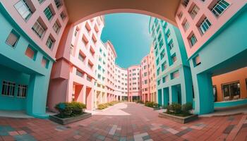 le moderne gratte-ciel multi coloré façade reflète le vibrant ville la vie généré par ai photo
