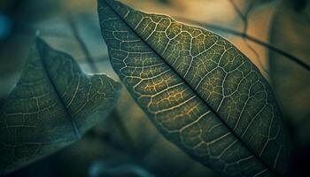 le feuille veine abstrait modèle dans proche en haut, rétro-éclairé par lumière du soleil généré par ai photo