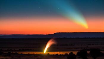 le embrasé feu illumine le foncé Montagne paysage à crépuscule généré par ai photo