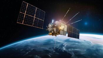 futuriste vaisseau spatial orbites planète dans laiteux chemin, diffusion global les communications généré par ai photo