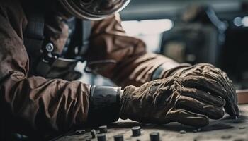 un qualifié menuisier, portant protecteur vêtements de travail, artisanat avec cuir généré par ai photo