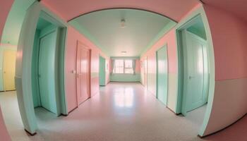futuriste couloir avec nettoyer conception et illuminé verre des murs généré par ai photo