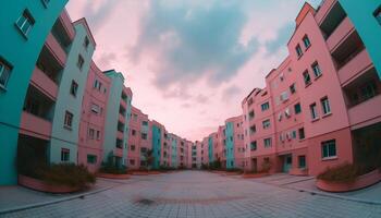 le moderne gratte-ciel rose façade reflète le bleu crépuscule ciel généré par ai photo