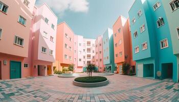 moderne gratte-ciel avec rose et bleu façade surplombe ville la vie généré par ai photo