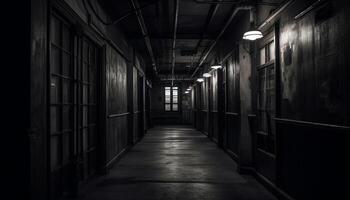 le effrayant vieux hôpital abandonné entrée salle avait une vaguement allumé couloir généré par ai photo