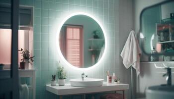 moderne élégance dans une faire le ménage, confortable salle de bains avec bleu carrelage généré par ai photo