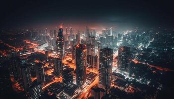 moderne grattes ciels éclairer le bondé paysage urbain à tombée de la nuit généré par ai photo