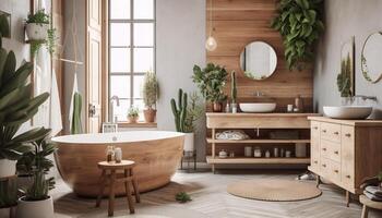 moderne élégance dans une luxueux national salle de bains avec en bois sol généré par ai photo