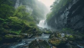 le brumeux Montagne de pointe révèle Naturel beauté dans le paysage généré par ai photo