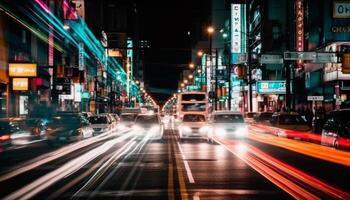 se ruer heure circulation illumine le ville horizon avec vibrant couleurs généré par ai photo