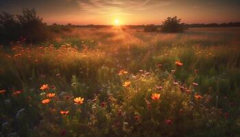 tranquille le coucher du soleil plus de vibrant prairie, fleurs sauvages Floraison dans la nature beauté généré par ai photo