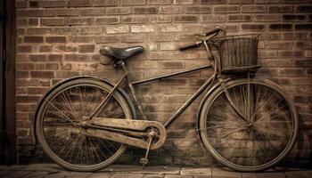 un vieux façonné rouillé vélo avec une panier contre une brique mur généré par ai photo