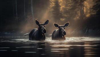 une serein cerf broute par le étang à le coucher du soleil généré par ai photo