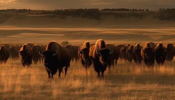 une tranquille le coucher du soleil plus de une grand troupeau de pâturage bétail généré par ai photo