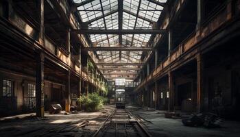 abandonné usine, rouillé métal, cassé les fenêtres, effrayant atmosphère, disparition point généré par ai photo