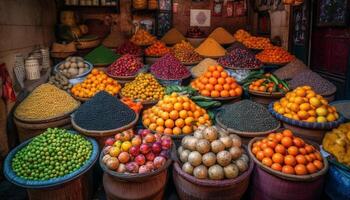 frais, coloré des fruits et des légumes pour vente à rue marché généré par ai photo