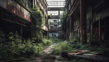 le effrayant vieux entrepôt, une rouillé disparition point de industrie généré par ai photo