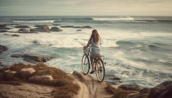 un Jeune femme, cyclisme le long de le littoral, profiter le le coucher du soleil généré par ai photo