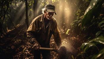 un Sénior homme, travail sur le cultiver, randonnée par la nature généré par ai photo