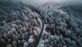 aérien vue de neigeux forêt, transport sur chemin de fer Piste périple généré par ai photo