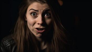 un Jeune adulte femme, à la recherche à caméra, exprimer émotif stress généré par ai photo