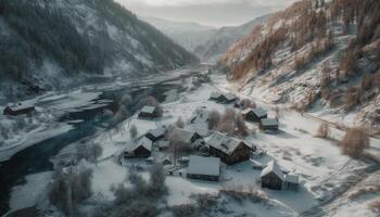 haute en haut dans le Montagne gamme, une congelé paysage attend généré par ai photo