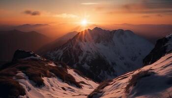 Montagne grimpeurs conquérir extrême terrain, atteindre majestueux de pointe à le coucher du soleil généré par ai photo