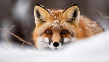 rouge Renard, alerte dans neige, une portrait de Naturel beauté généré par ai photo