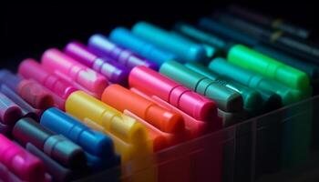 une vibrant collection de coloré des stylos dans une ligne, brillant généré par ai photo