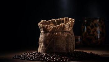 biologique café des haricots dans toile de jute sac, rustique encore la vie conception généré par ai photo