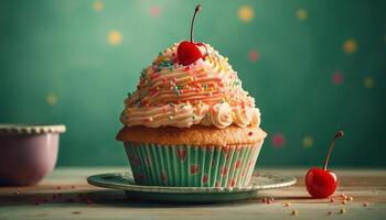 mignonne petits gâteaux avec fleuri décoration pour anniversaire fête sur table généré par ai photo