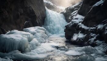 congelé Montagne paysage, glacé l'eau écoulement, beauté dans la nature danger généré par ai photo