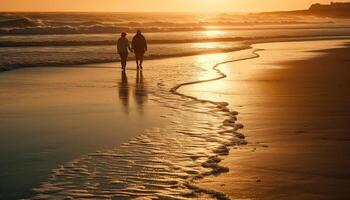 une romantique couple en marchant à crépuscule sur le tranquille littoral généré par ai photo