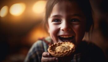 le mignonne fille en portant une biscuit est souriant avec joie généré par ai photo